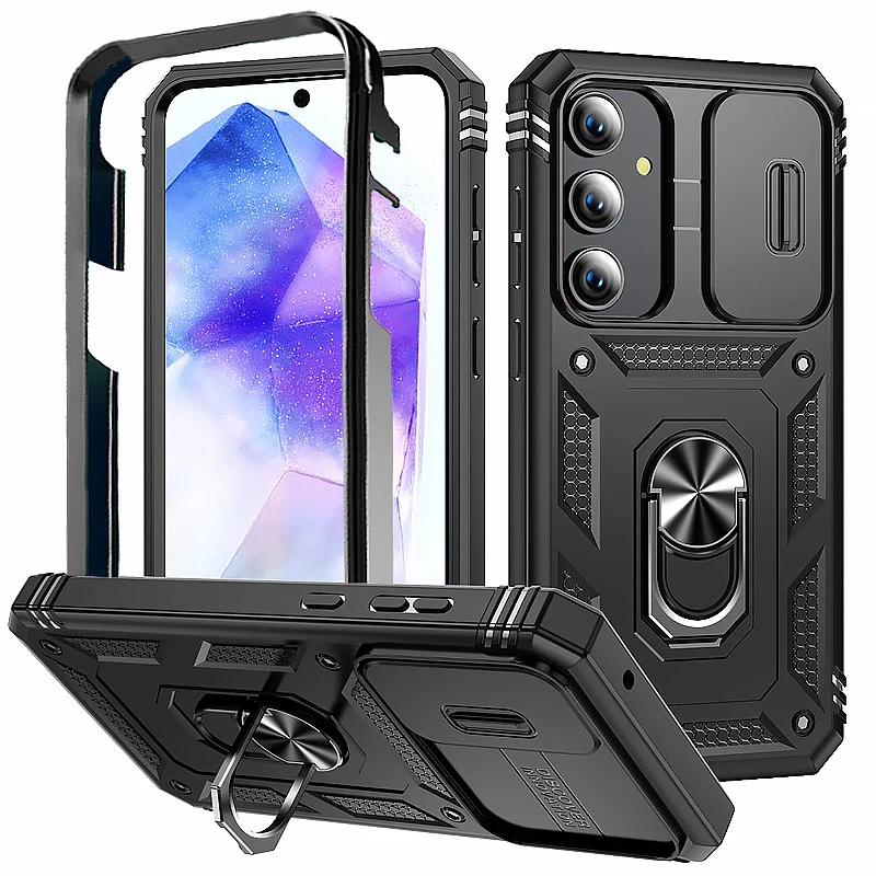 Full Protect Armor Case For Samsung Galaxy A55 5G Lens Slide Shockproof Back Cover for GalaxyA55 A 55 Magnetic Ring Holder Funda