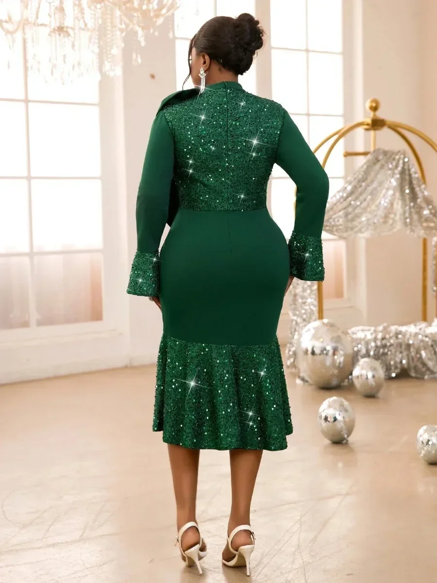 Women Autumn Winter Green Vintage Christmas Party Dress High Neck Bow Long Sleeve Glitter Patchwork Slim Fit Gowns Formal Event