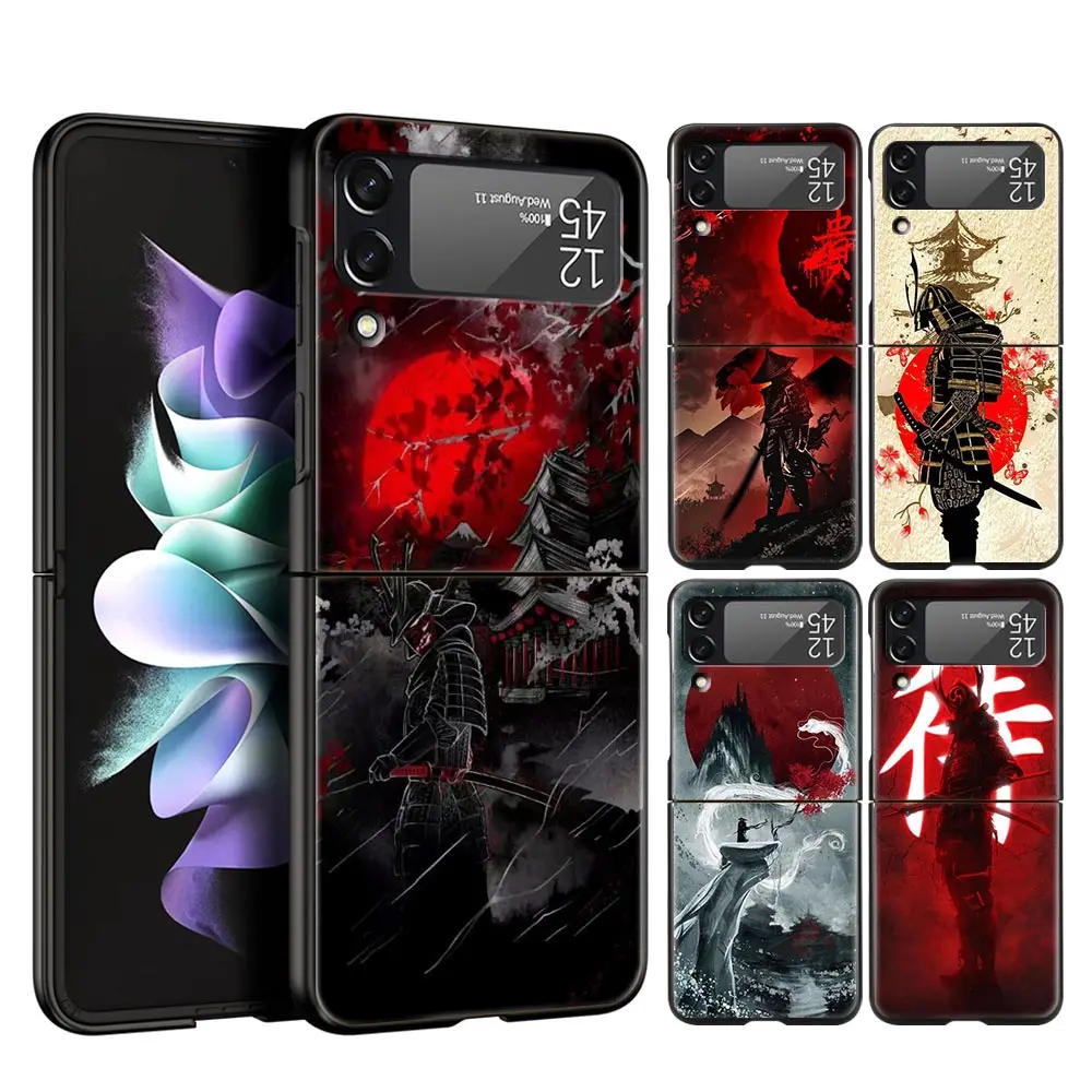 For Samsung Galaxy Z Flip 3 4 5 Hard Black Folding PC Phone Case Painting Japan Samurai Art Luxury For Samsung Z Flip3 Cover