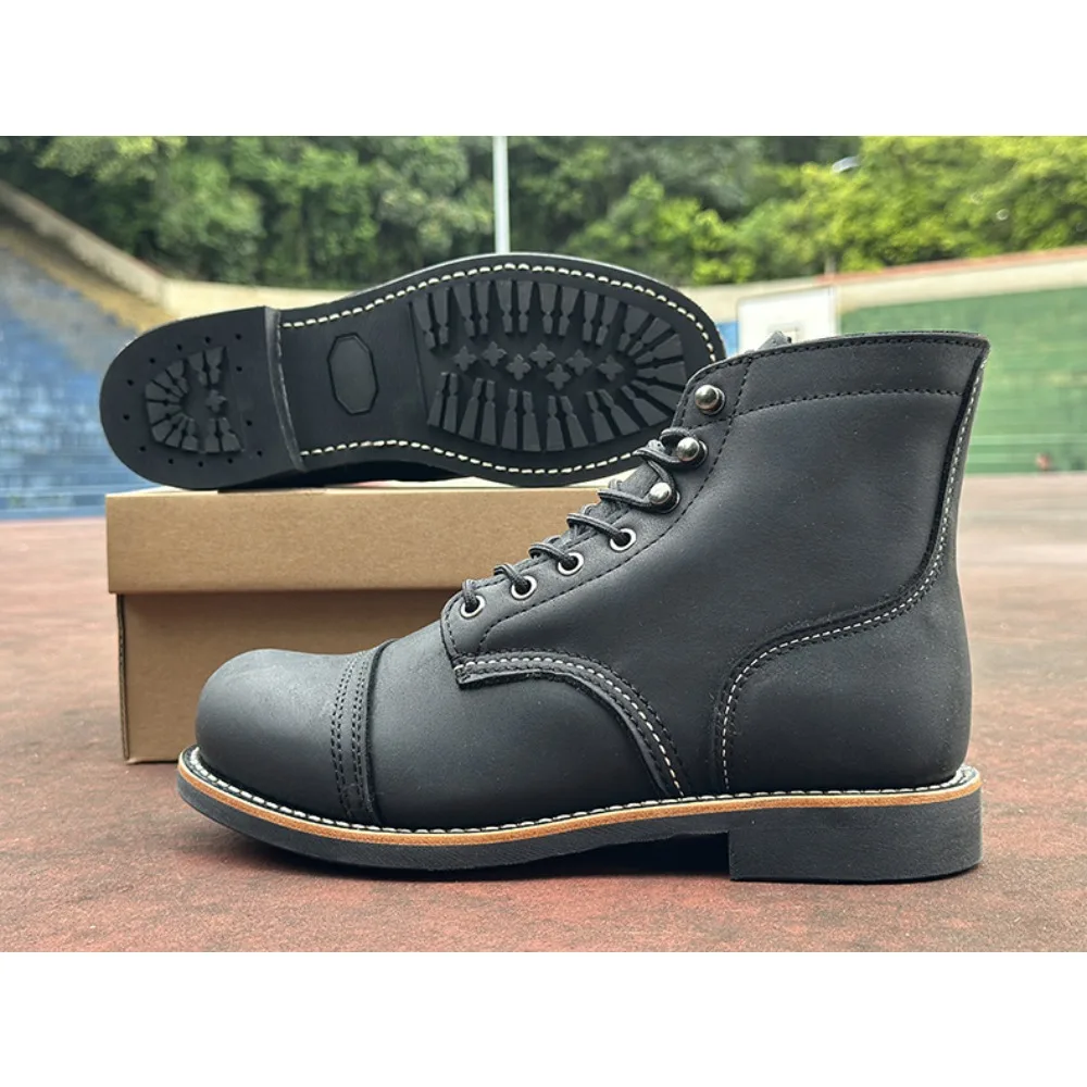 British Men's Genuine Leather Goodyear Motorcycle Boots Mid-calf Western Tooling Boots High-top Derby Business Dress Shoes