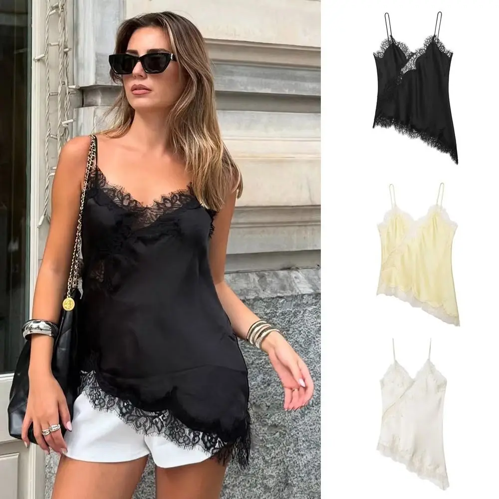 Elegante Top Asimétrico de Encaje con Parches, Sin Mangas, Espalda Descubierta, Camisola con Cuello en V, Sexy, para Mujer, Ropa de Verano