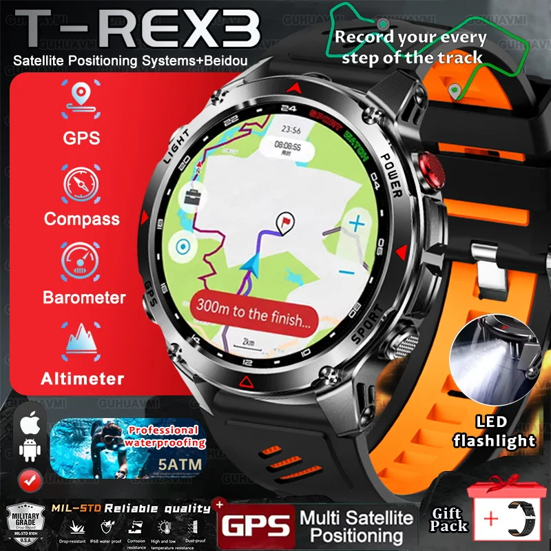 

2025 Новые уличные военные часы T-Rex 3 Sport SmartWatch для мужчин AMOLED-экран Встроенный шестизвездочный GPS-компас 5ATM/IP69 Smart HD Call Watch