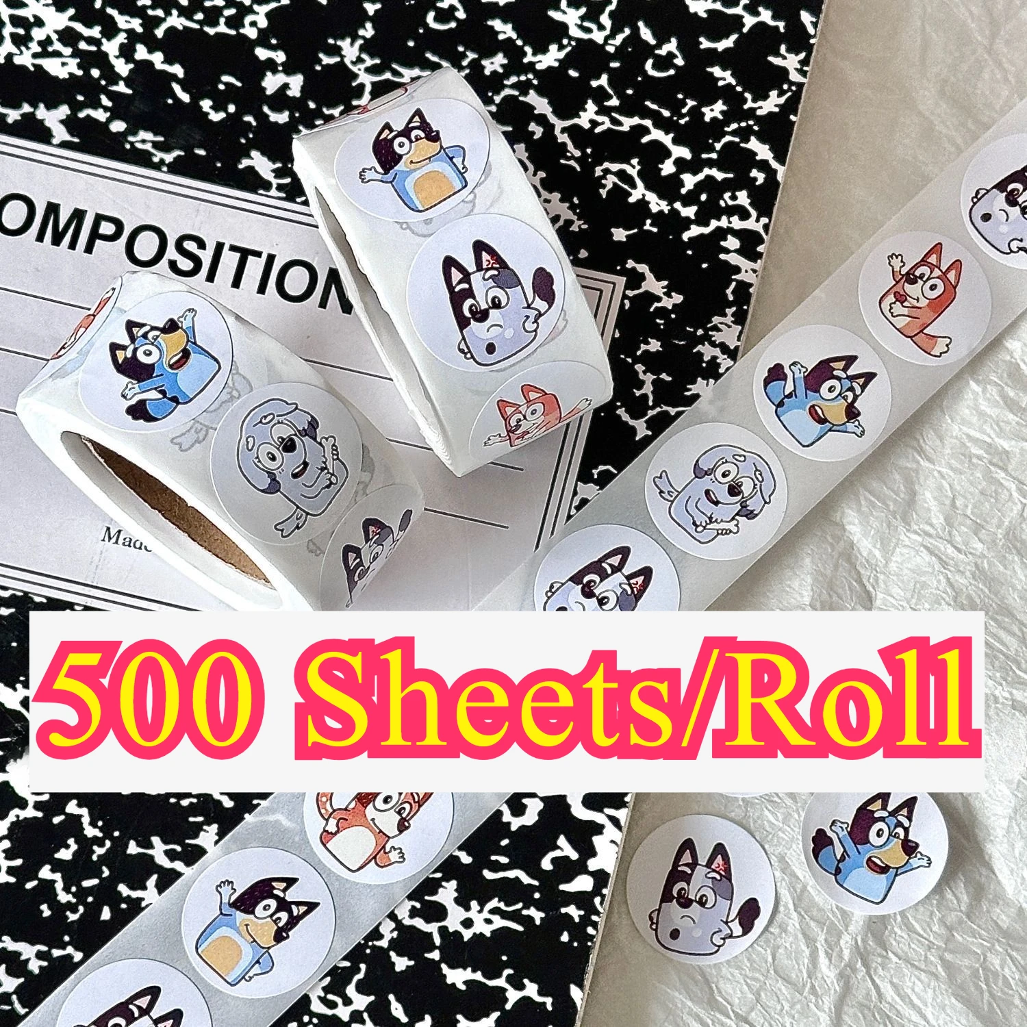 500 Sheets/Roll Bluey Bingo Dog Sticker Cartoon Anime Sticker Decoration Kid Album Diary Envelope Sealing Paper Tape Sticker toy