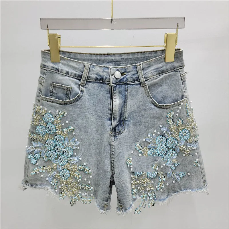 

2025 Summer New Fashion High Waist A- Line Stretch Hot Pants Heavy Industry Beads Diamond-Embedded Denim Shorts for Women