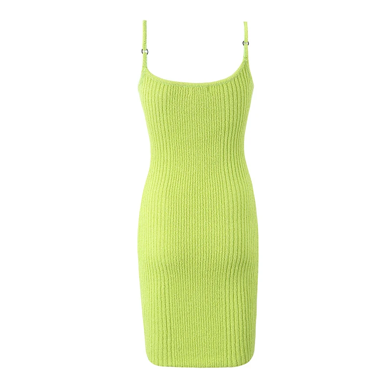 YENKYE Sexy Women Grass Green Slim Knit Dress Round Neck Sleeveless Bodycon Mini Robe