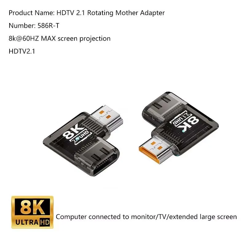 1-2PCS Right Angled 90 Degree Horizontal HDMI Male to HDMI 2.1 Female UHD Extension Adapter Extender with Smart LED 8K 60hz HDTV