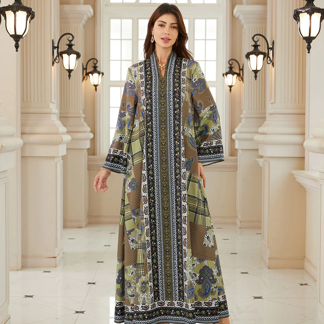 

Ид Абая женское праздничное платье с v-образным вырезом Джалабия с принтом бриллианта мусульманское Дубай Vestidos Largo Рамадан Марокко молитвенный кафтан халат 2026