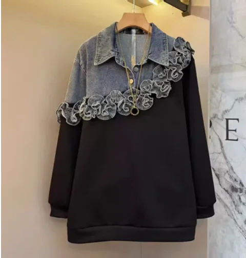 Sweat-shirt à manches longues en denim pour fille grande taille 2026, col rabattu, style industriel lourd, mode coréenne, ample, décontracté, personnalité, haut