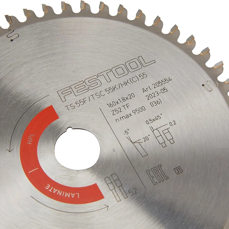 FESTOOL 205554 Laminate Saw Blade, 160x1.8x20mm 52T – Ultra Sharp for Chip-Free Cutting on HPL, Melamine & Veneer