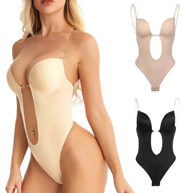 

Invisible Shaper Bra Bodysuit Corset Backless Deep V-Neck U Plunge Thong Waist Trainer Clear Strap Padded Push Up Shapewear