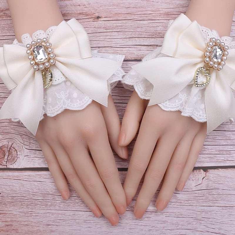 หวานและน่ารักผ้าฝ้ายปักลูกไม้แขนโบว์ Rhinestone Lolita แขนมือสําหรับผู้หญิง