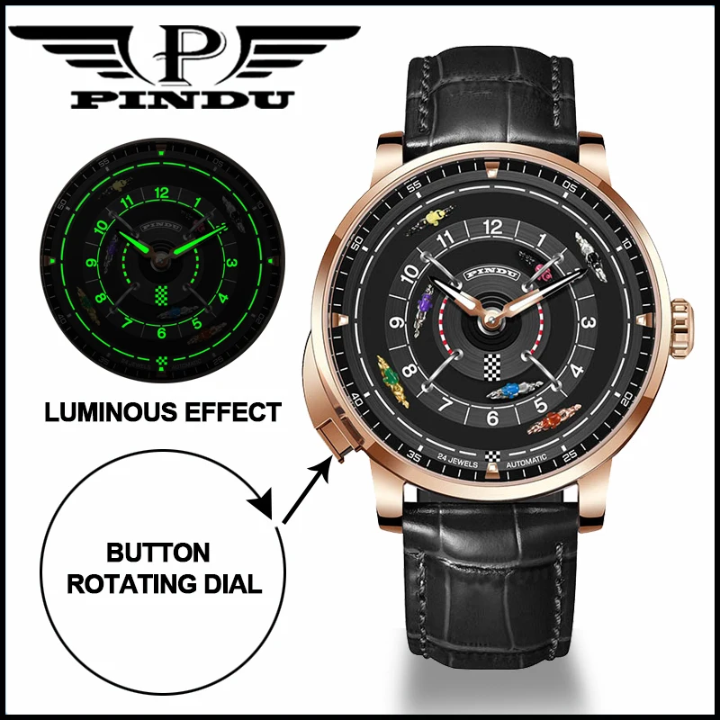 2025 PINDU تصميم جديد Racecourse الهاتفي ساعة ميكانيكية الرجال NH35 حركة زر القرص الدوار الفولاذ المقاوم للصدأ ساعة أوتوماتيكية بالكامل