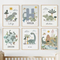 Jurassic Period Dinosaur Earth Custom Baby Name Wall Art Canvas Painting Nordic Posters And Prints Wall Pictures Kids Room Decor