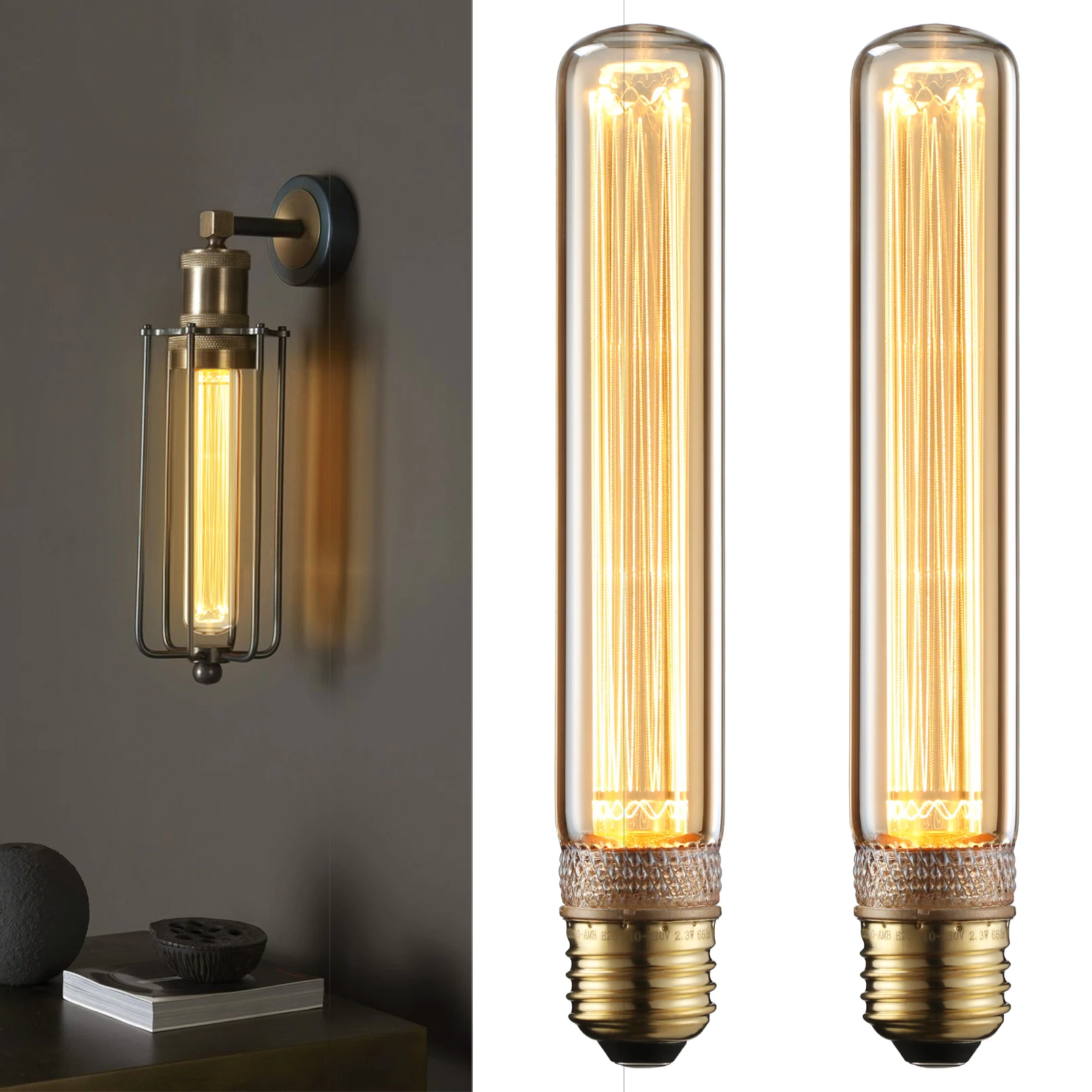 

2 pack LED Tubular Decorative Light Bulb 2.3W, T10 Edison Light Bulbs, E26 Base, Dimmable Virtual Filament Vintage Edison Bulb,