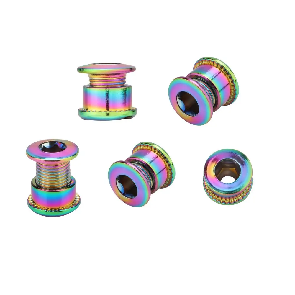 5 Sets M8-Gewinde-Einzelkettenblattschrauben, regenbogenfarben, galvanisiert, Kettenblattschrauben und -muttern, einfach zu installierende Stahl-Fahrradkettenblattschrauben
