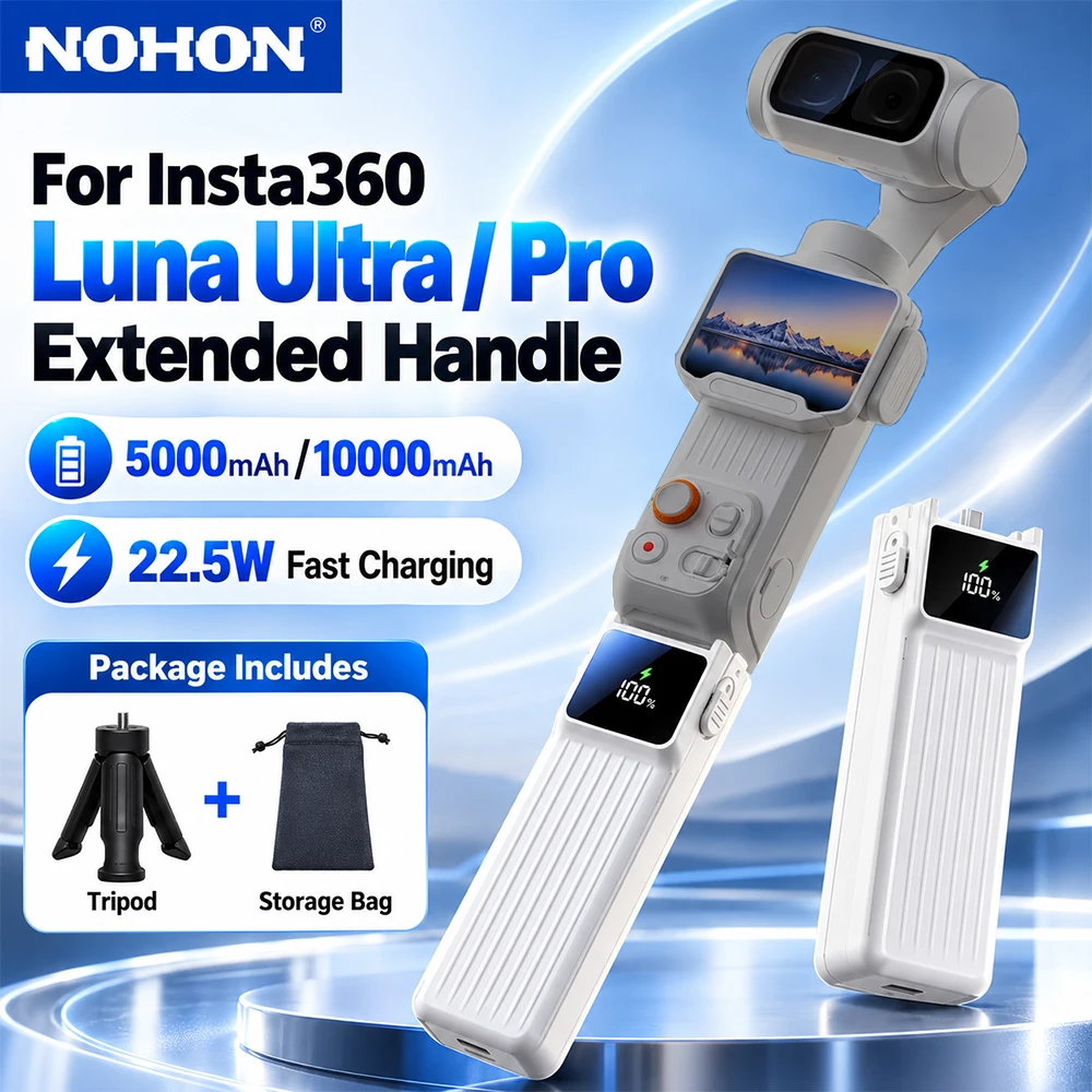 NOHON 5000mAh/10000mAh Extended Battery Handle for Insta360 Luna Ultra/Pro 22.5W Fast Charging Grip with LED Display USB-C Power