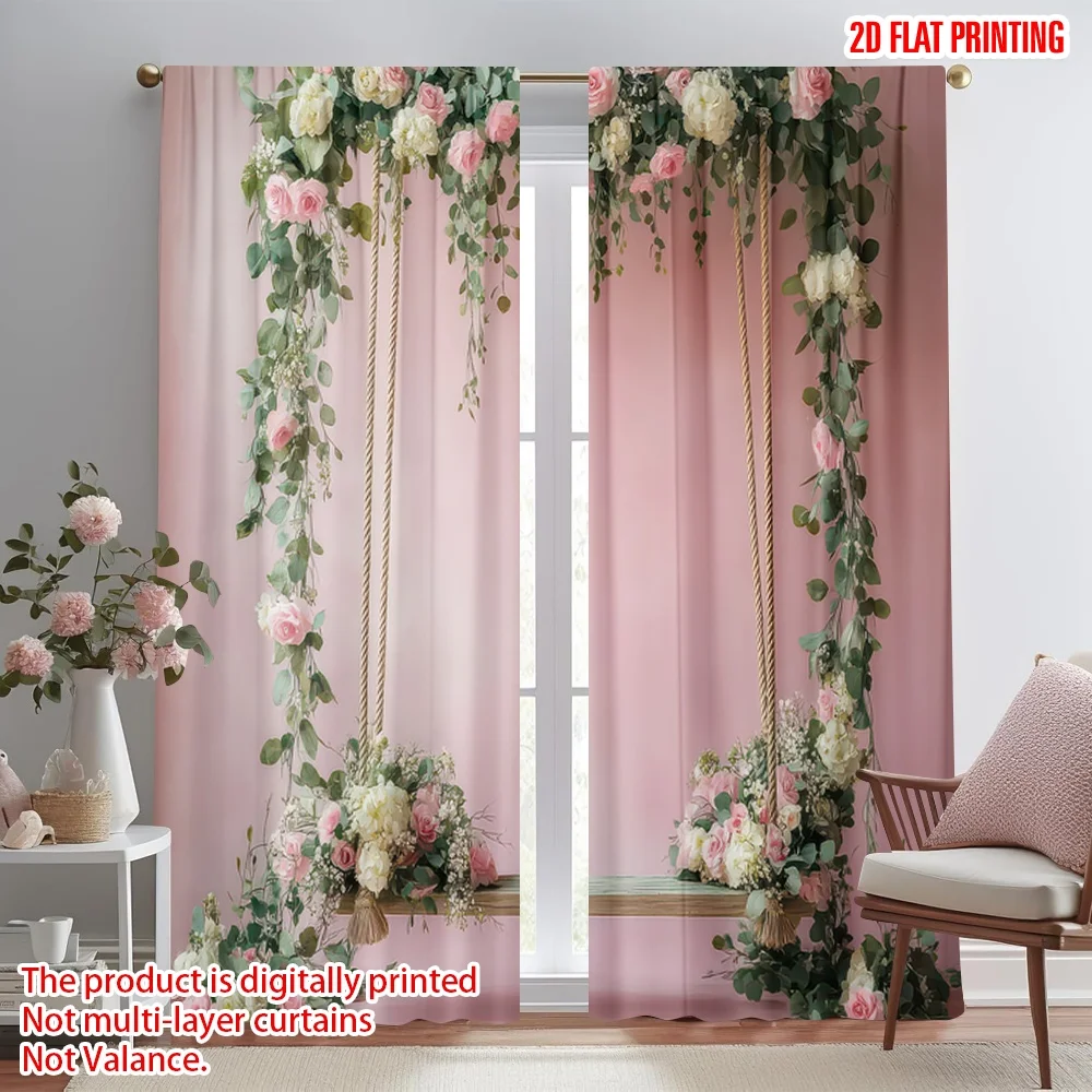 

2D flat printing 2pcs Party Window Curtains Valentine's Floral Swing Digital Printed Polyester Drapes Family Party for Home