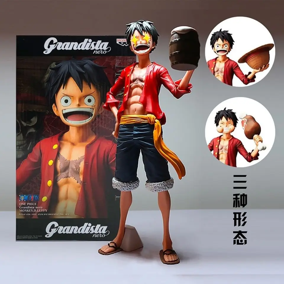 

27cm Anime Luffy Smiling Eating Meat Star Eyes Three Forms Replacement Face Pvc Action Figure Straw Hat Collect Gift Toy Model