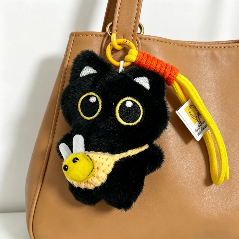 Cute Bee Black Cat Doll Keychain Crossbody Bag Pendant Cat Plush Toy Charms Car Keyring Kawaii Gift for Women