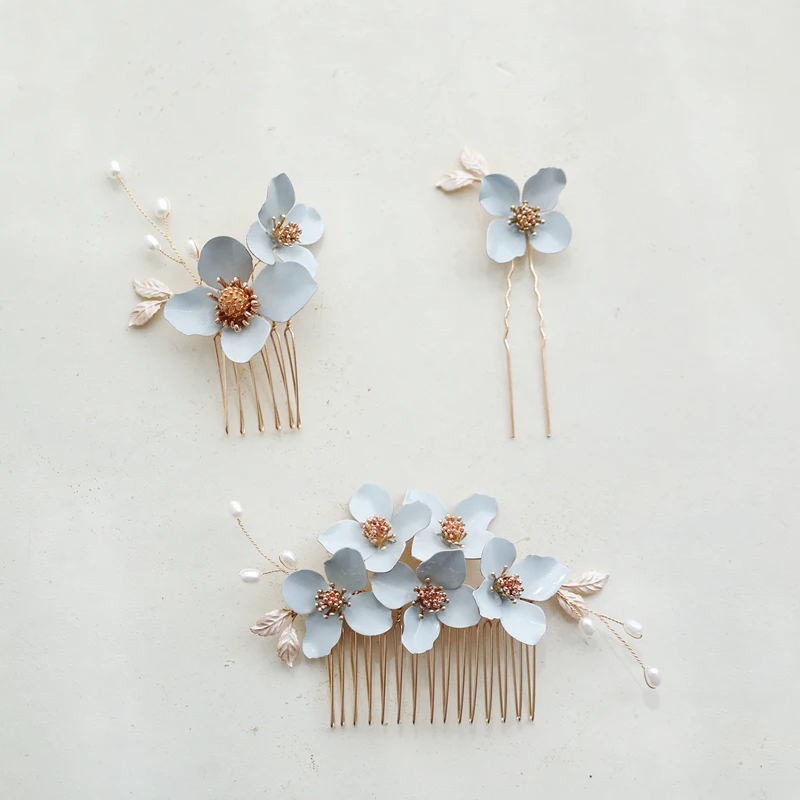 Light Blue Color Floral Bridal Hair Comb Pin Piece For Women Jewelry Wedding Accessories Handmade