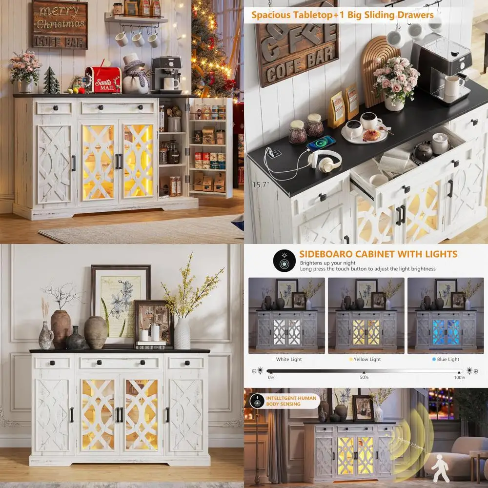 Wooden Buffet Cabinet with Storage, 55-Inch Sideboard, Coffee Bar & Pantry with Lighting, Large Capacity Dining Room Furniture
