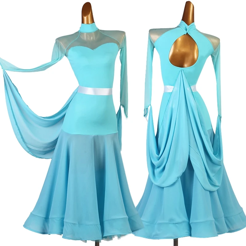 Blue Ballroom Dance Dress Women Standard Modern Dancing Costume Waltz Social Dance Dresses Competition Performance Outfit 4504
