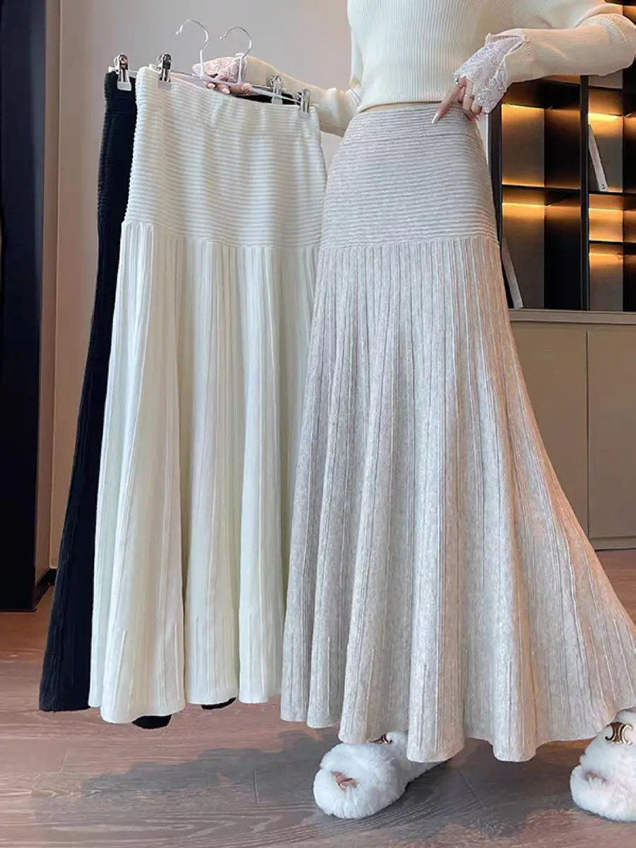 

Элегантные вязаные юбки для женщин. Уютная зимняя юбка трапециевидной формы с высокой талией и струящейся распашной шикарной плиссированной юбкой.