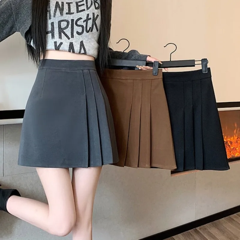 Korean Sle High Waist A-Line Skirt Women's Winter New Faion Slimming f-length Polyester Fiber Warm Folded ort Skirt