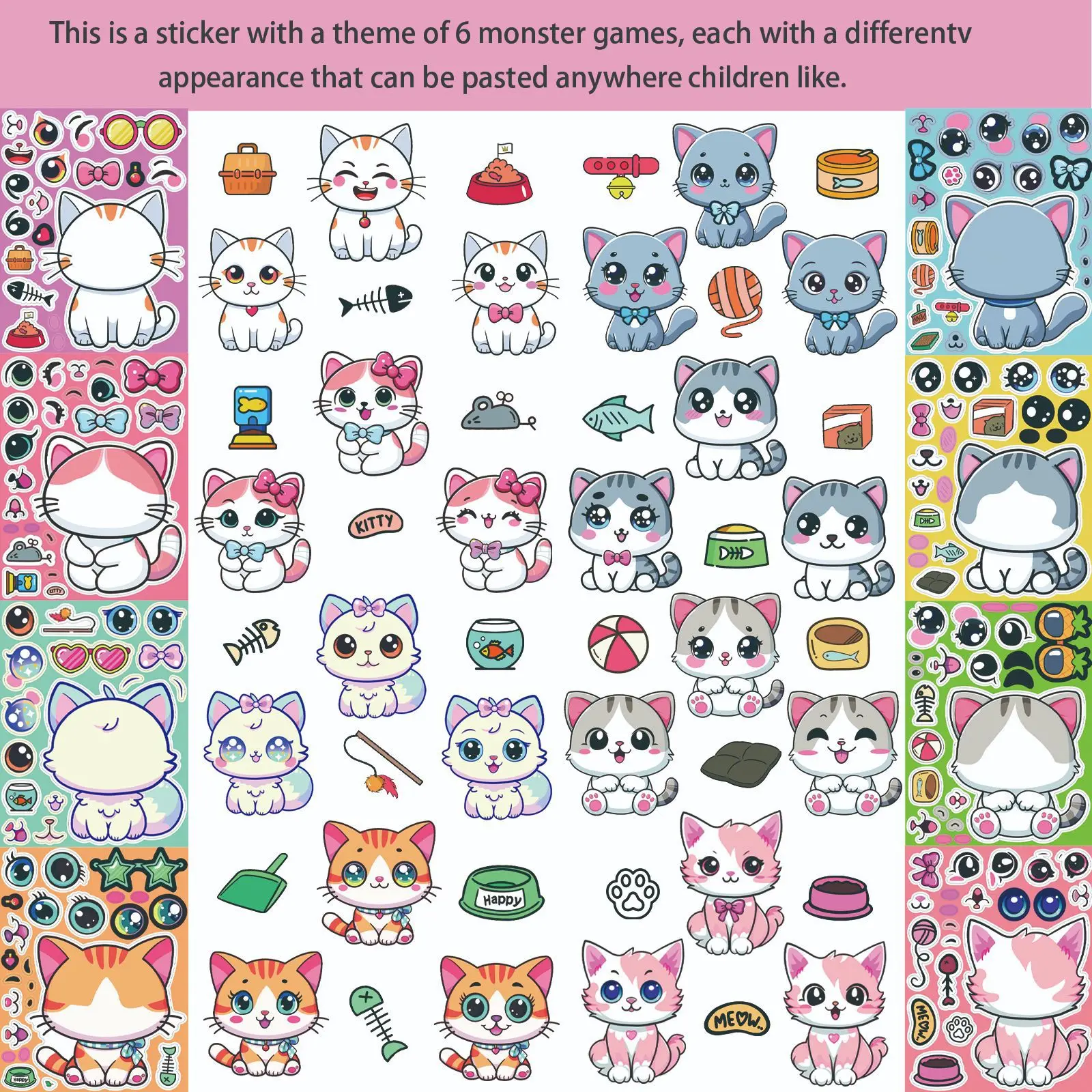 

8/16Sheets Cute Cat Make a Face Cartoon Puzzle Sticker Notebook Guitar Cup Handbag Decorative DIY Puzzle Stickers for Children