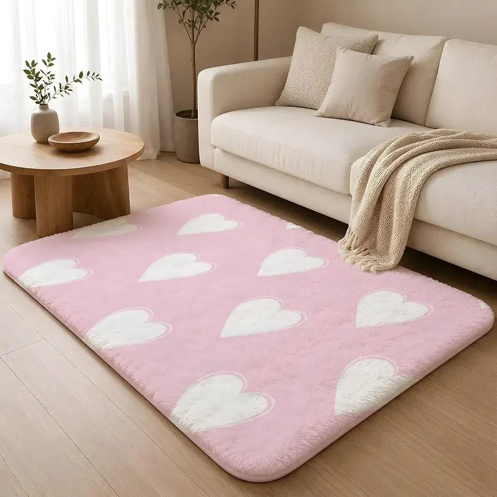Dots Stars Striped Heart Pattern Floor Mat Machine Washable Soft Flannel Area Rug, Non-Slip Absorbent Floor Mat for Living Room
