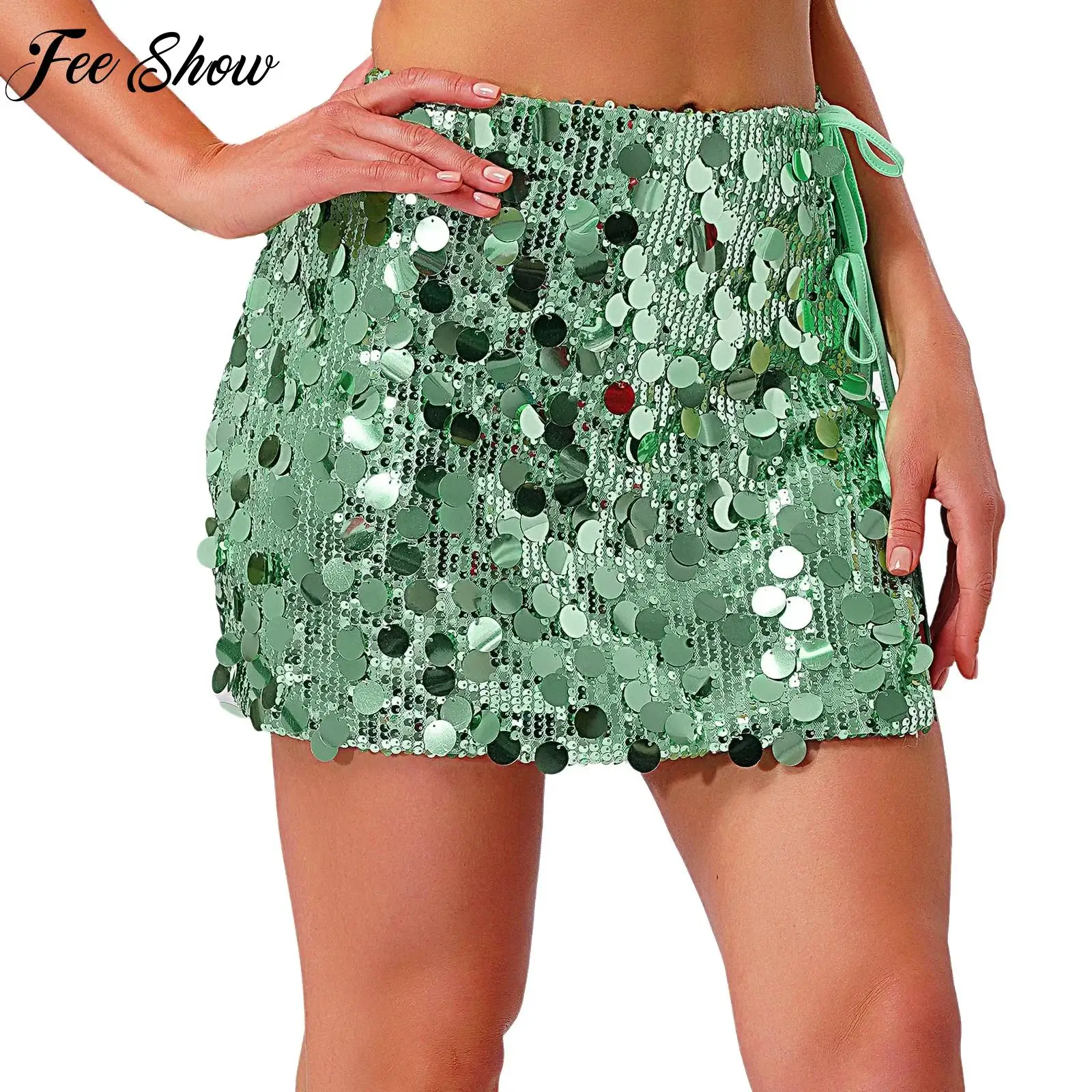 

Women Y2K Sparkly Sequin Miniskirt Mesh Fully Lined Side Slit Lace-up Bodycon Skirt Glitter Festival Raves Party Club Beachwear