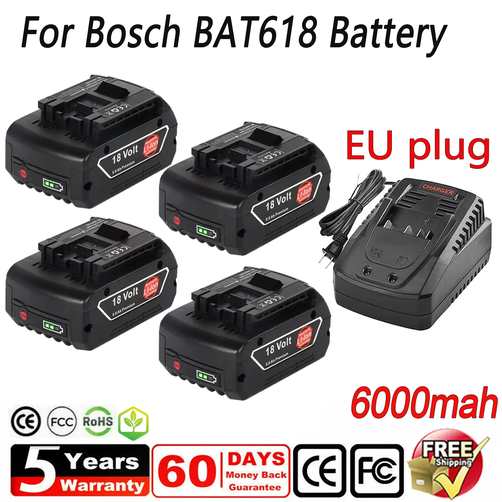 For BOSCH 18V 6000mAh BAT609 BAT610 For Bosch 18V Professional 18V Li-ion Battery GBA18V GSR18V BAT618 BAT619 Drill Tool Battery