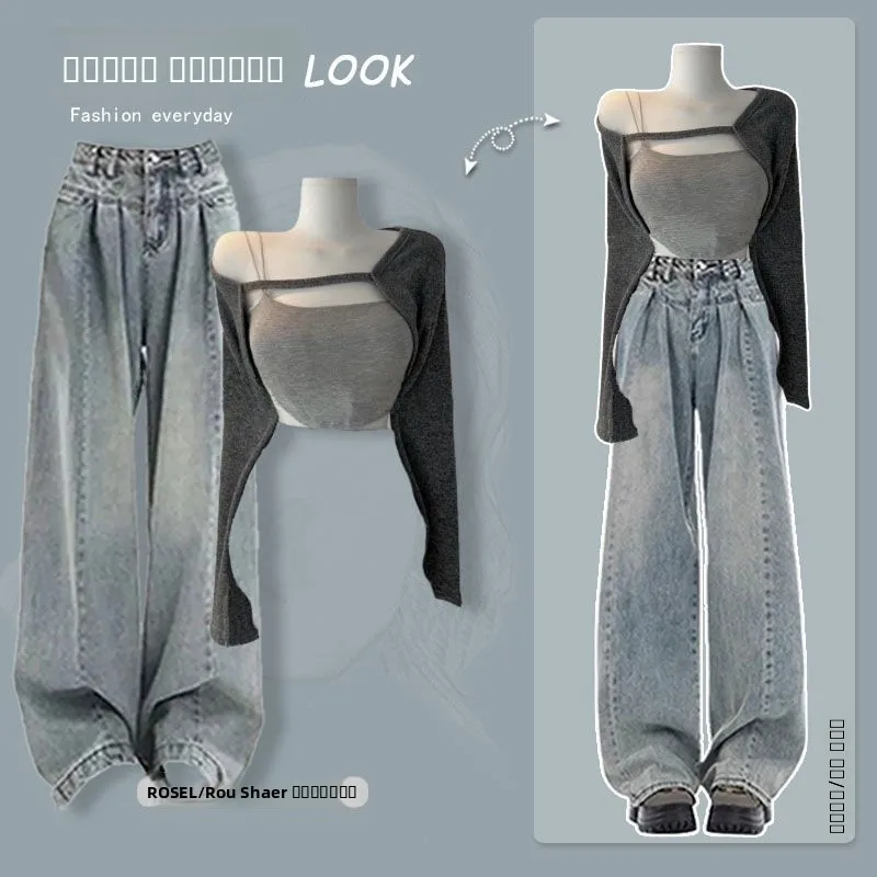 

Grey Versatile Women's Fashion Set 2026 New Pure Desire Spicy Girl Style Long Sleeve Denim Crop Top And High Waist Jeans Two ...
