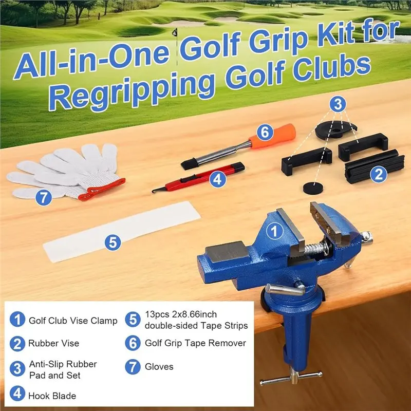 B48B-Golf Grip Kit For Regripping Golf Clubs Includes Removal Tool 360° Swivel Table Vise With Anti-Slip Rubber Pad Hook B