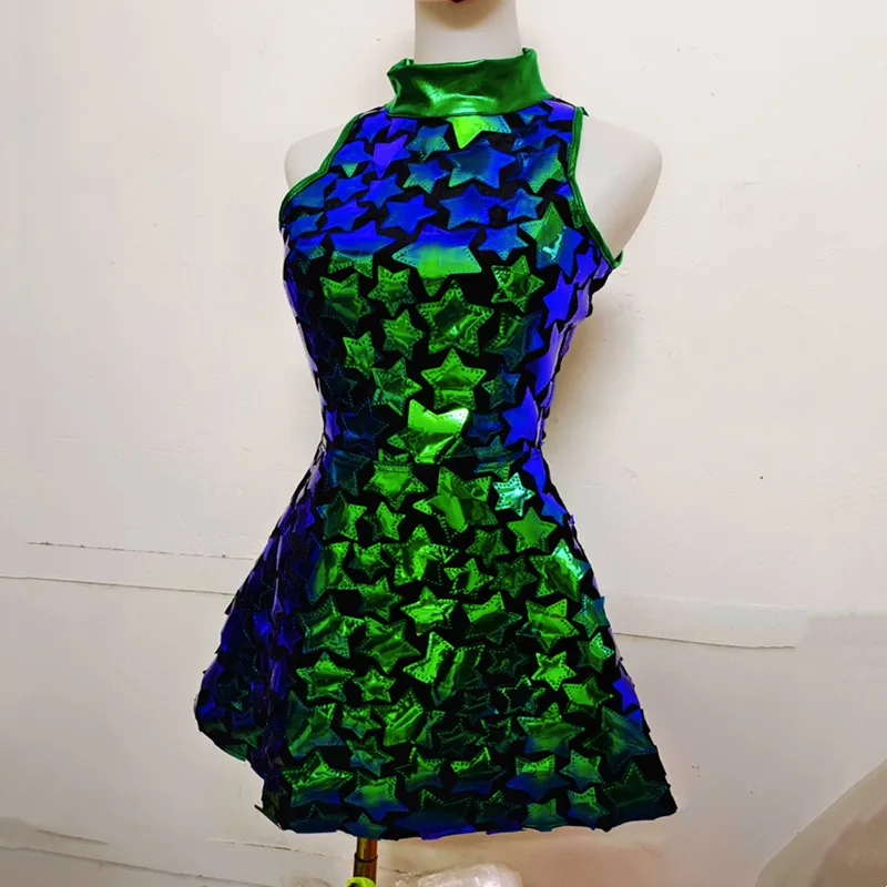 

Green Laser Mirror Sequins Sleeveless Short Dress Dance Team Performance Stage Wear Birthday Party Outfit Nightclub Bar Costume