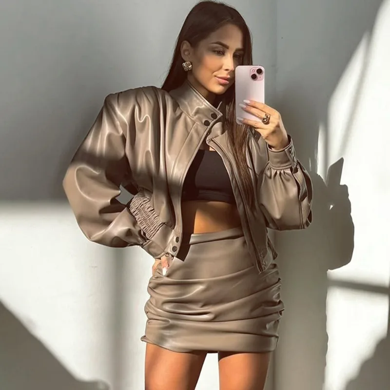 Talenza Giacca in pelle da donna vintage Autunno New Fashion Streetwear Giacca corta con cerniera Colletto alla coreana di lusso Capispalla femminile