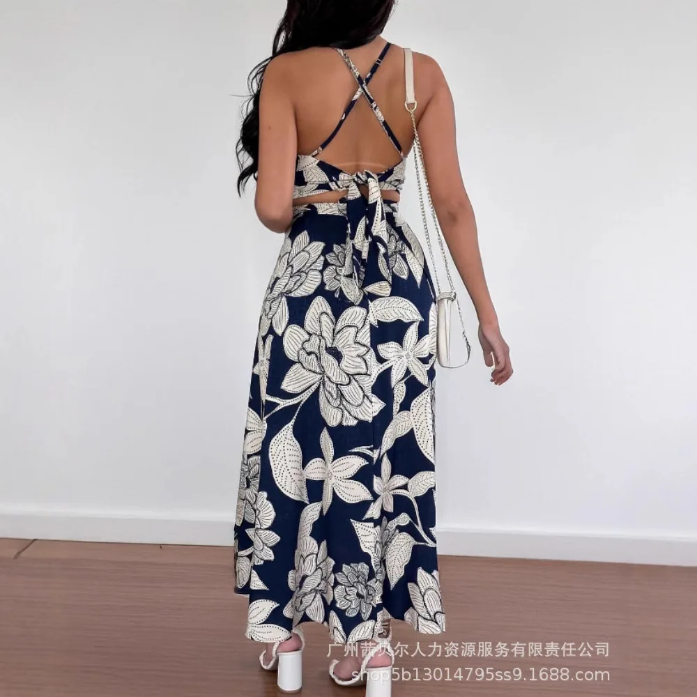 여성 2 조각 복장 꽃 프린트 홀터 스파게티 스트랩 탑 꽃 프린트 레이스 업 백리스 드레스