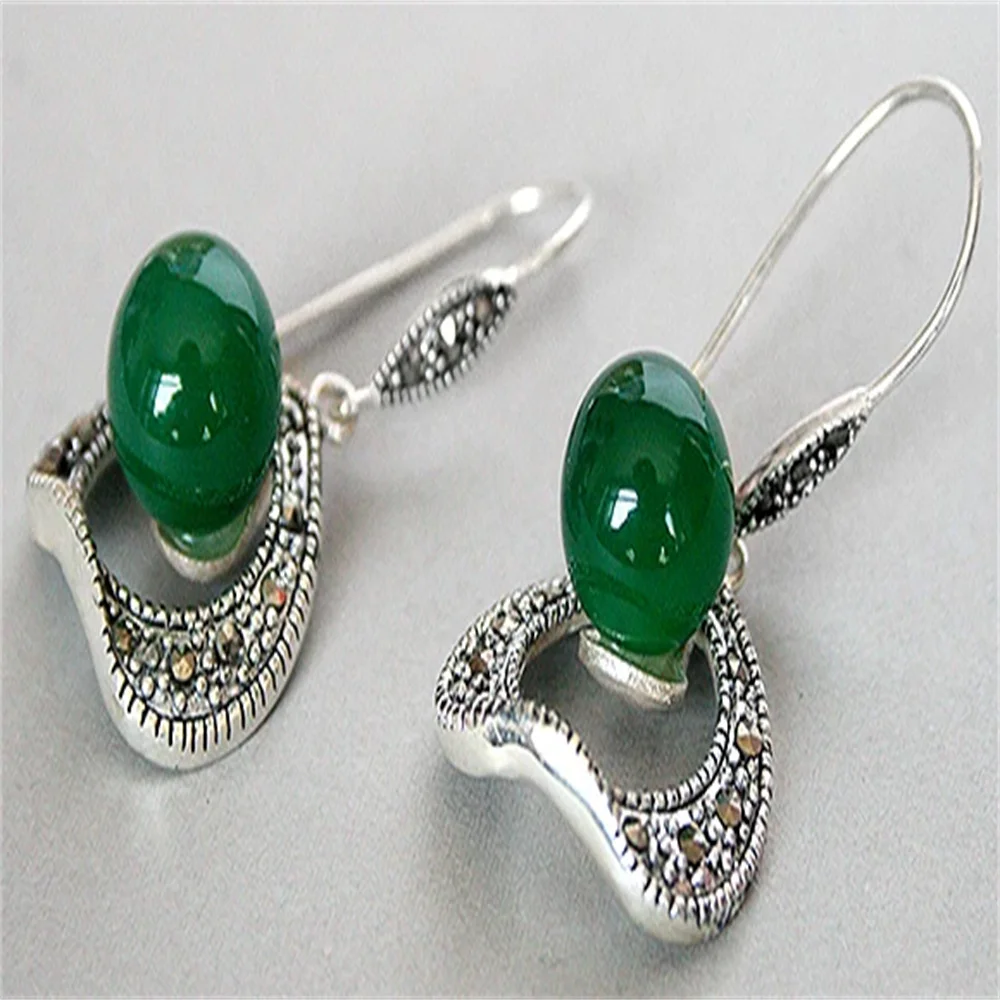 10 MM Rond Vert Naturel Pierre Naturelle Perles 925 Argent Crochet Marcassite Boucles D'oreilles 11/2