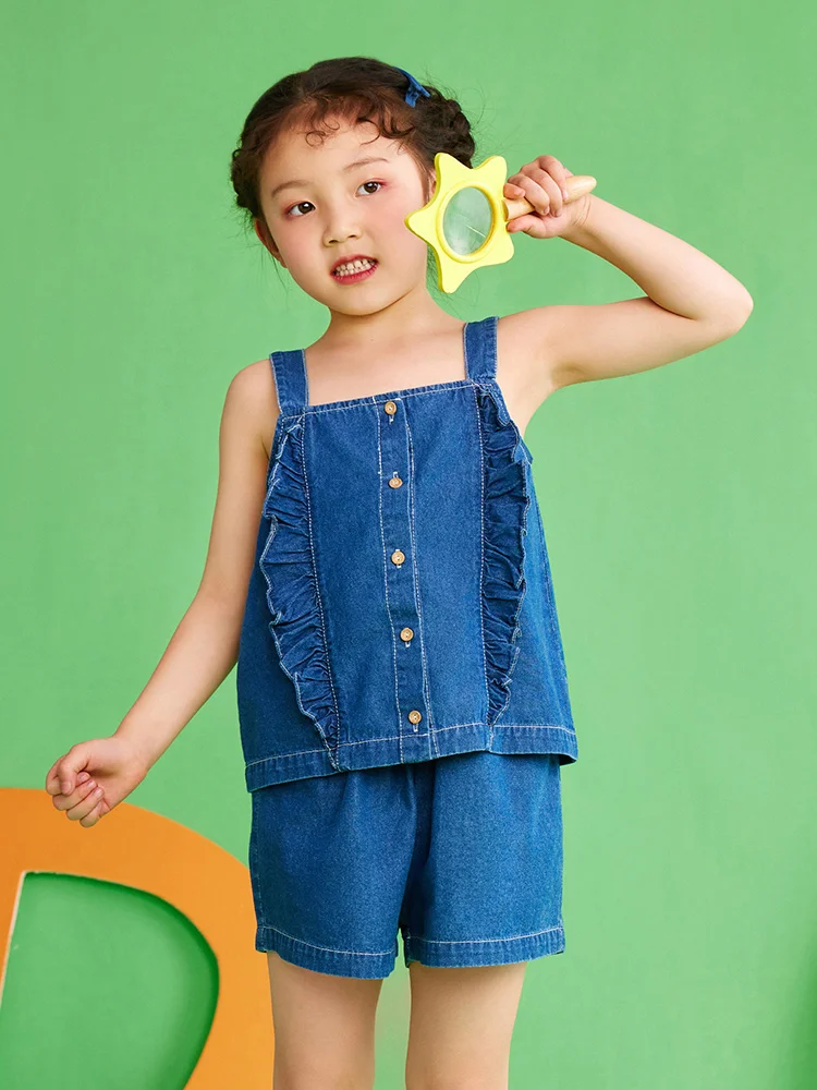 Conjunto de camisetas sin mangas y pantalones cortos de tela vaquera para niñas, ropa fina azul para niños, 2022 cm, 4 años, 150