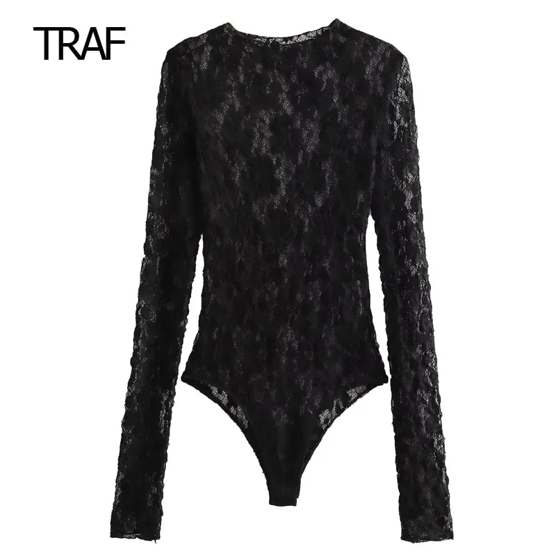 TRAF Lace Bodysuit Women\'s Bodysuit Auutmn Black Cutwork O-Neck Long Sleeves High Spandex Bodysuits Sexy Lingerie For Fine Women