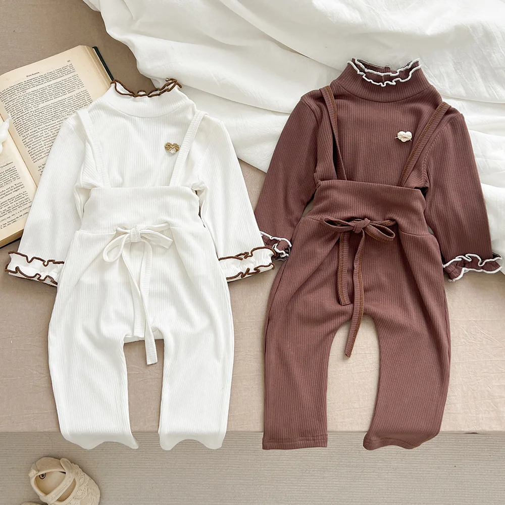 Pants New Camisole Pants Spring Solid Color Flower Edge Tops Baby Lovely 2024 Simple Fashion Baby Clothing Causal Lovely