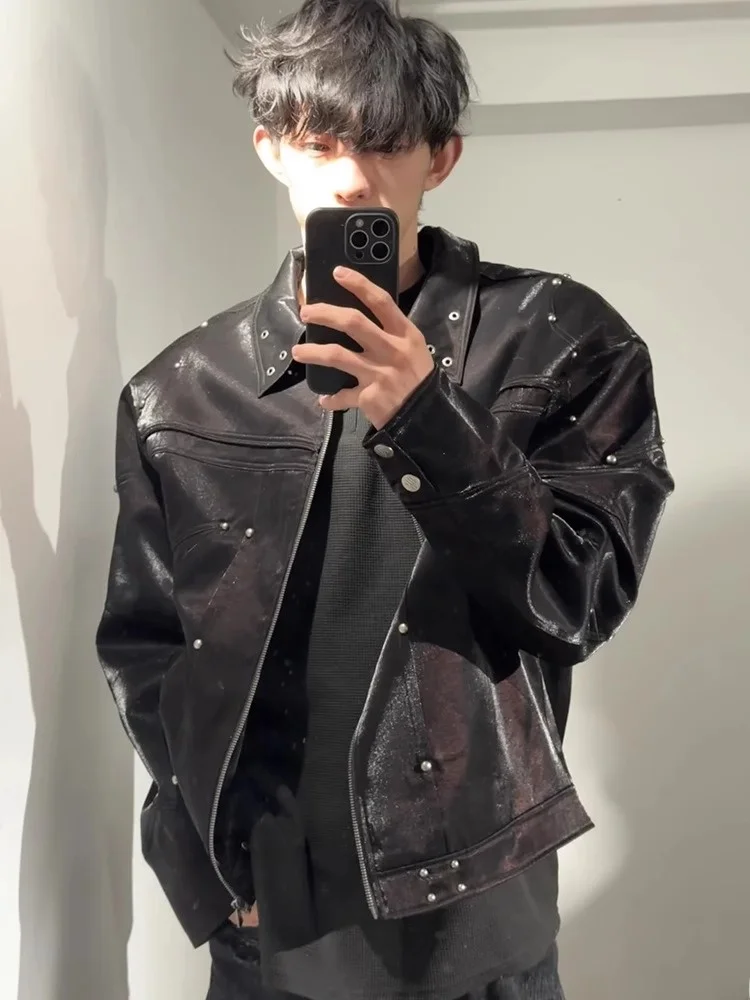 

Мужская кожаная куртка American Style с подкладкой на плечах, весенне-осенняя, в стиле Cleanfit, крутая мотоциклетная одежда с металлическим дизайном J...