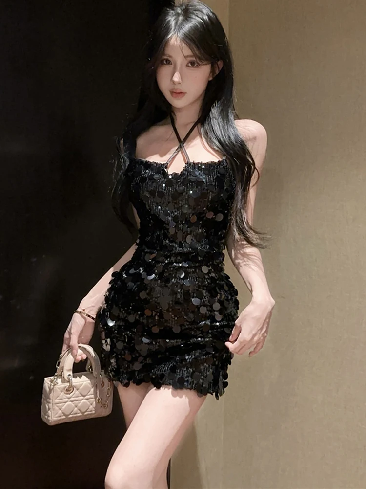 Czarna Sukienka Mini na Ramiączkach z Odkrytymi Plecami i Cekinami dla Kobiet 2025 Koreański Vintage Bodycon Sukienki na Bal Elegancka Luksusowa Letnia Vestidos