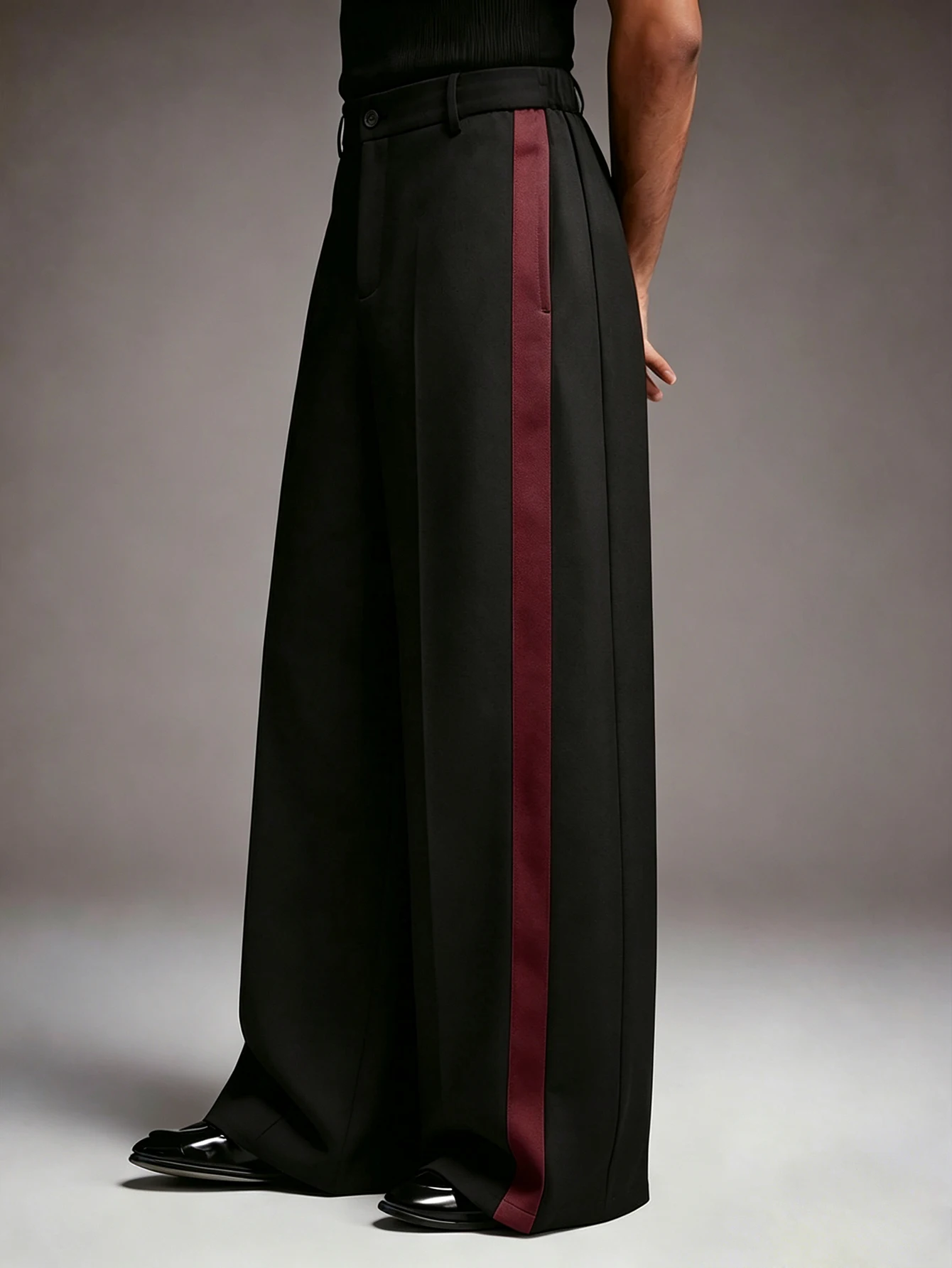 Men's Color Block Suit Trousers, Button Detail Elastic Waist, Stretch Wide Leg, Light Business Pants for Autumn Winter Commute
