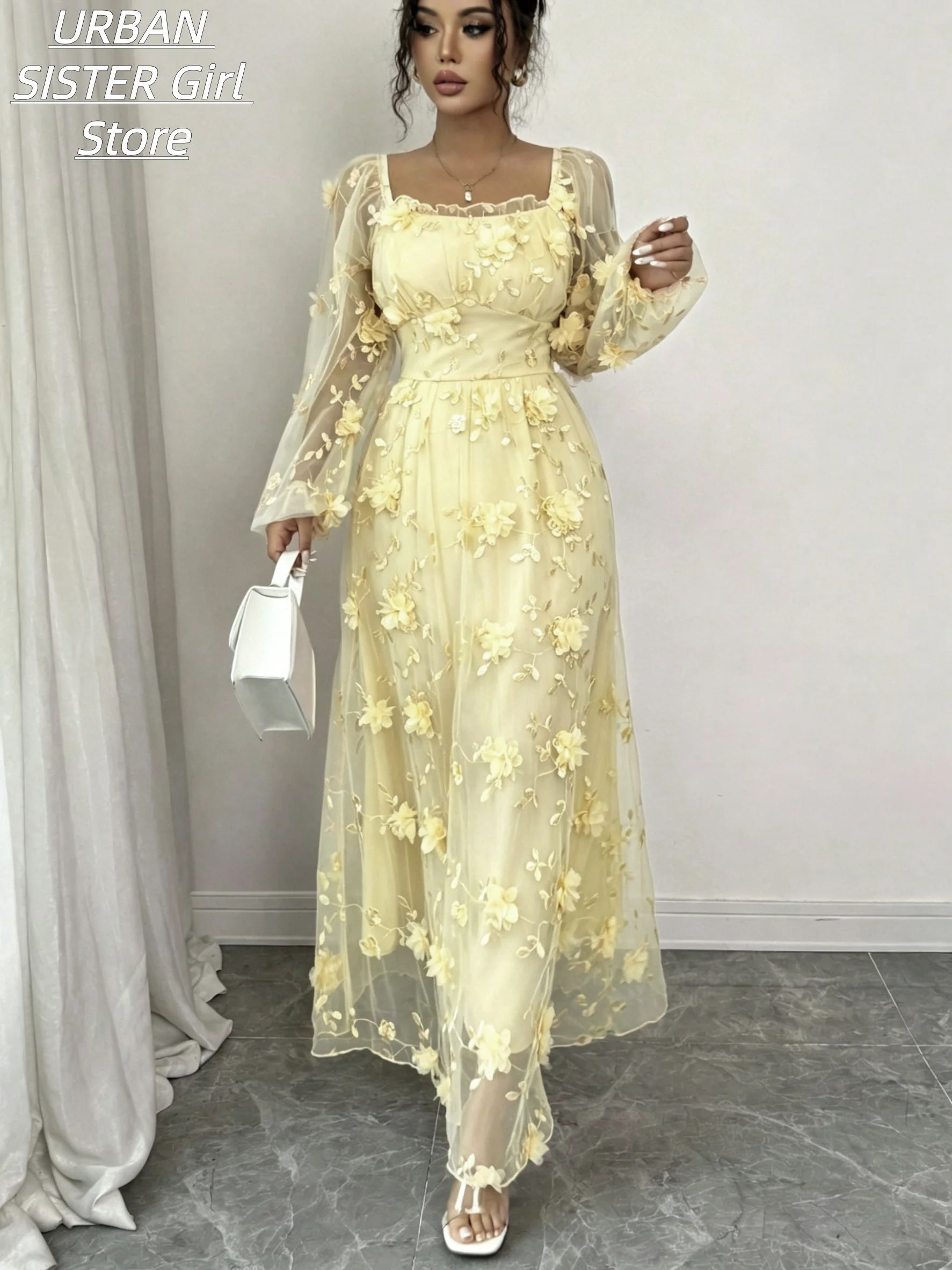 Light Goose Yellow Ruffled Squ - đánh giá và giá Embroidery Yellow Dress