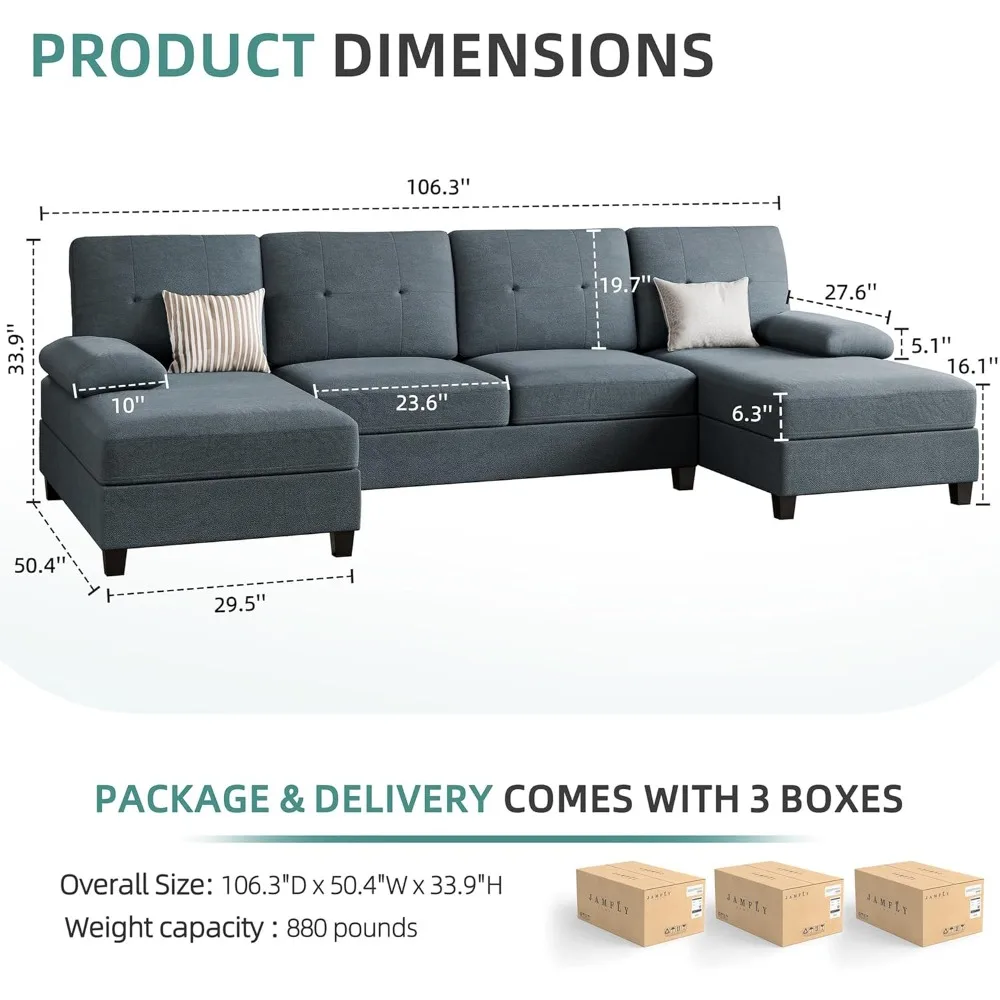 Sectional Sofa, 30”, Linen Fabric, 4-seater U-shaped Sofa with Double Chaise Longue, Weight Capacity 880 Lbs, Modern Sofa