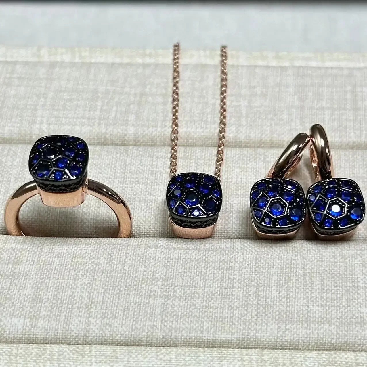 10.6mm Honeycomb Style Jewelry Set For Women Ring Earrings Necklace Rose Gold Candy Crystal Bijoux Gift