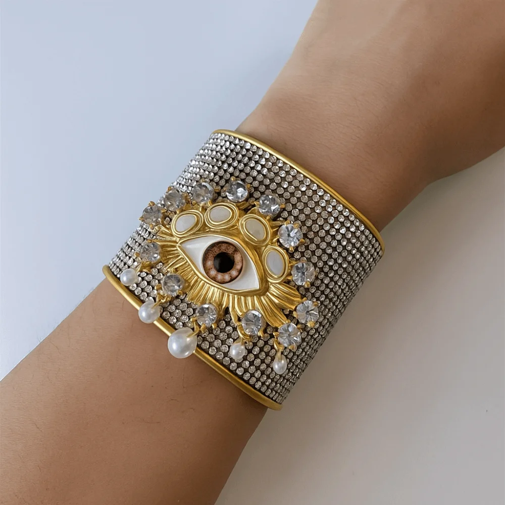 Metal Exaggerated Wide Open Bangle Alloy Full Rhinestone Demon's Eye Bracelets Europe American Style Gold Geometric Cuff Bangles