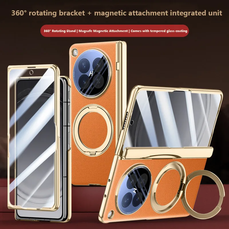 

360 ° Rotation Bracket Case For OPPO Find N6 FindN6 5G Leather Magnetic Folding Spring Hinge Protective Cover With Tempered Film