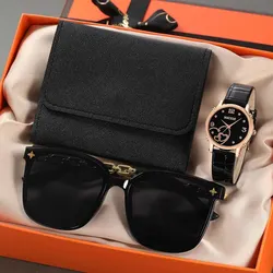 Women Fashion Leather Belt Watches & Simple Heart Wallet Glasses Sunglasses Set Ladies Quartz Wristwatches Dress Montre Femme